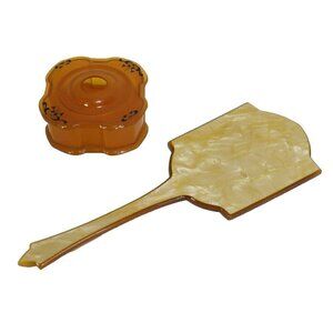 Beige celluloid hand mirror and LaDelle hair saver box with lid 1930's